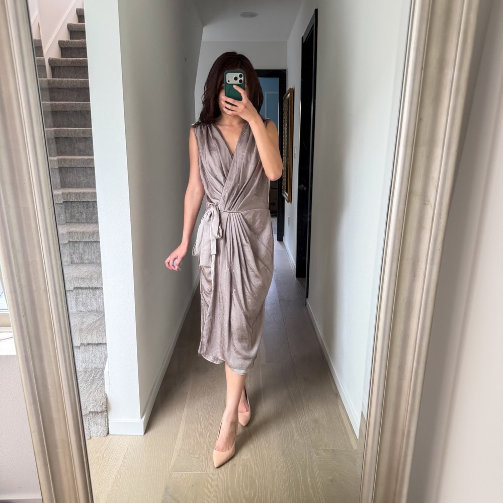 L'agence Sequined Tulle Overlay Wrap Party Brown Old Money Boho Midi Dress 6